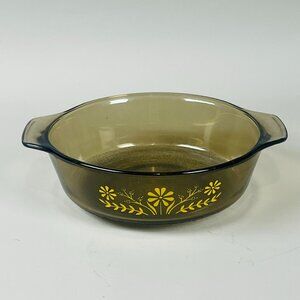Vintage Glasbake Jeanette Oval 8" Casserole Dish Smoked Amber Daisy Print